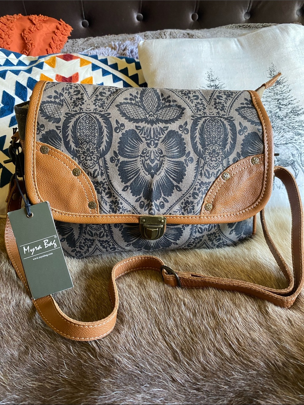 Myra Floral-Print Canvas Messenger Bag in Tan and Gray